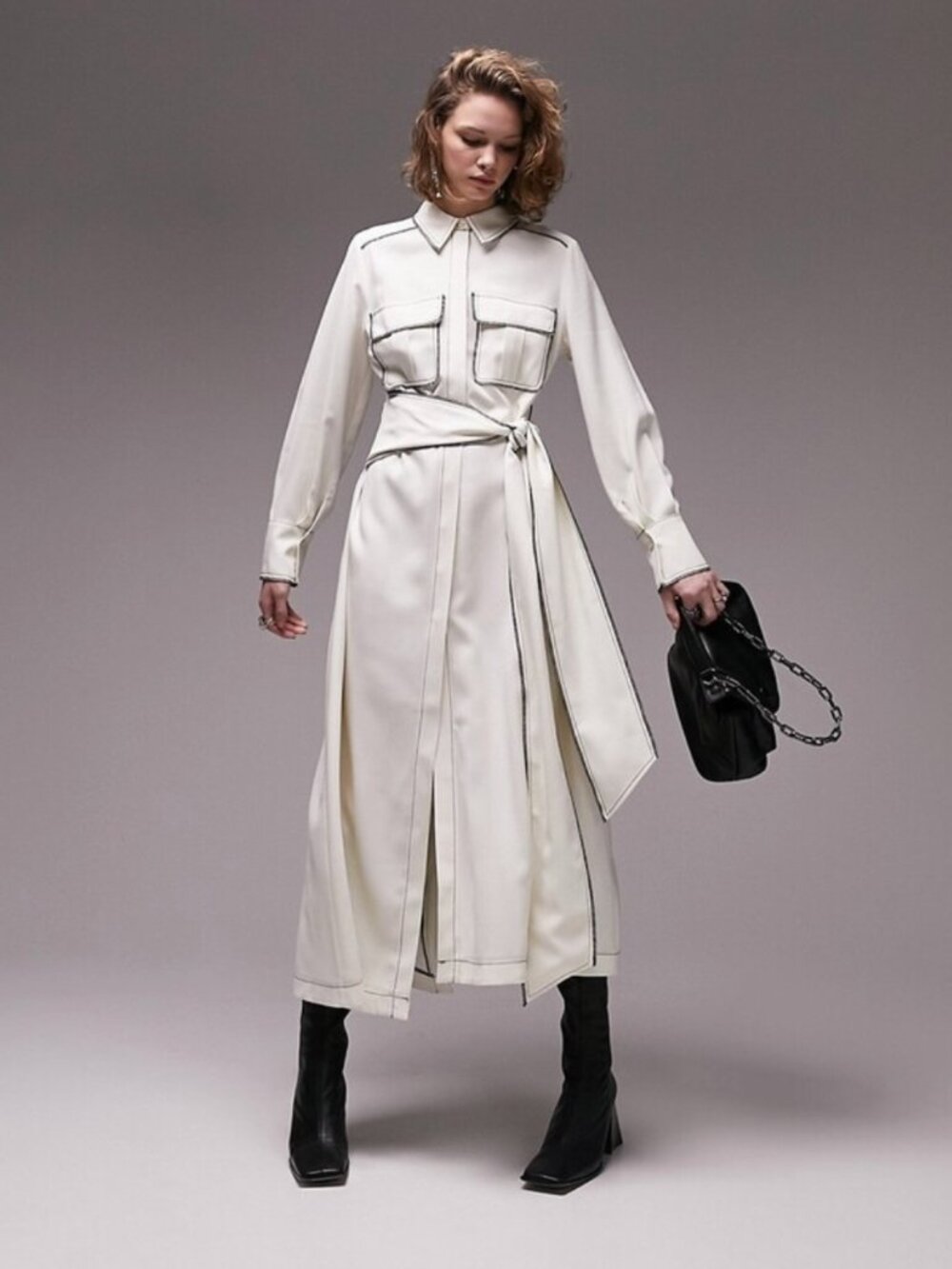 NWOT Topshop Light Cream Shirt Dress w/ black Stitching